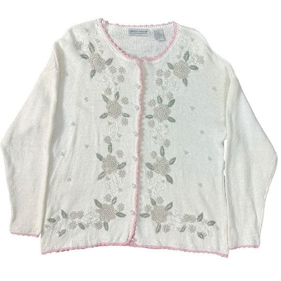 Vintage 80s Cottage Core Sweater Cardigan Beaded Floral Pearls Shabby Chic Large - Picture 1 of 12